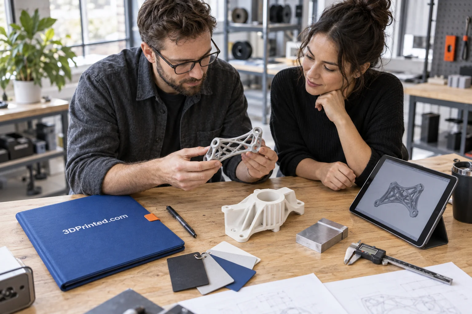 Designers examining a printed part together