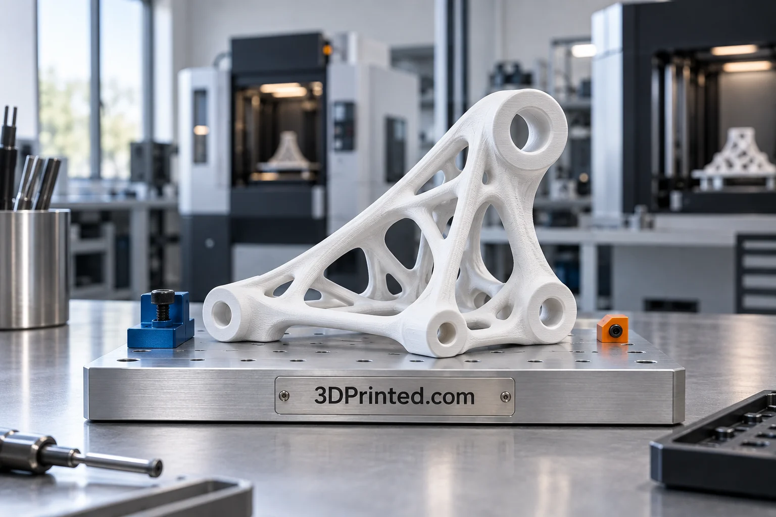 A white printed structural part on a branded build plate